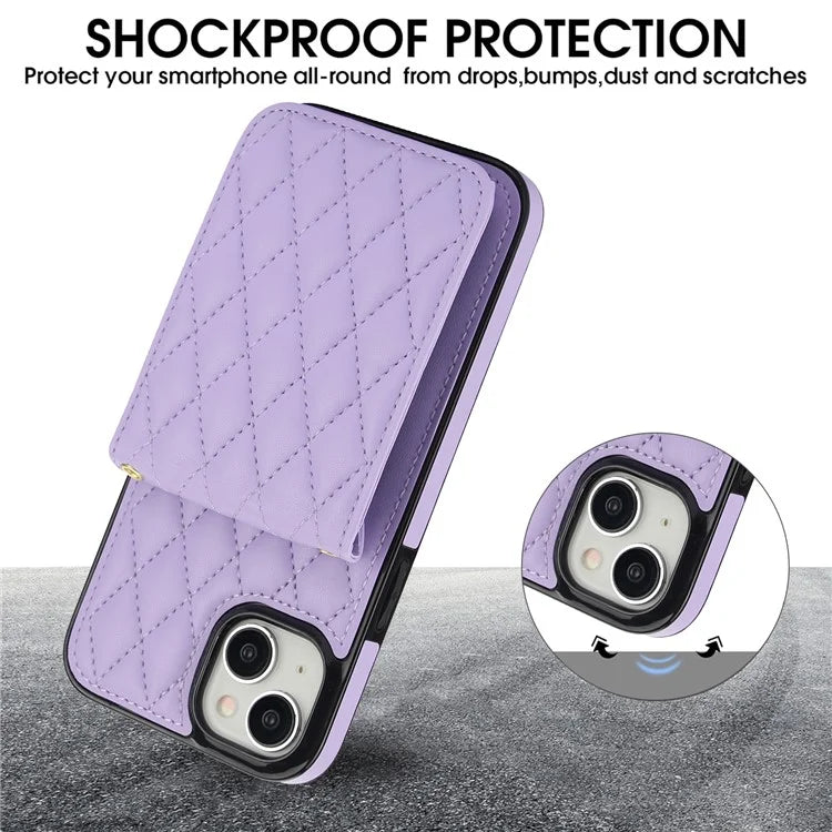 For iPhone 15 Plus Case Rhombus Leather+TPU Phone Card Bag with Shoulder Strap