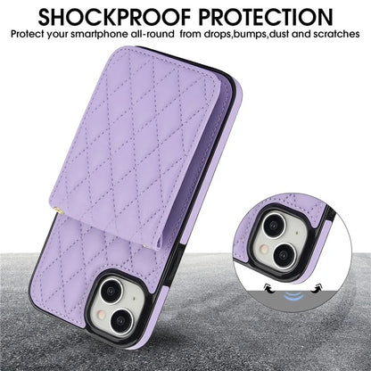 For iPhone 15 Plus Case Rhombus Leather+TPU Phone Card Bag with Shoulder Strap