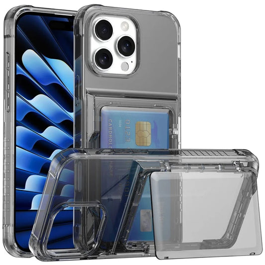 For iPhone 16 Pro Max Clear Case PC+TPU Phone Cover Card Holder Kickstand Black