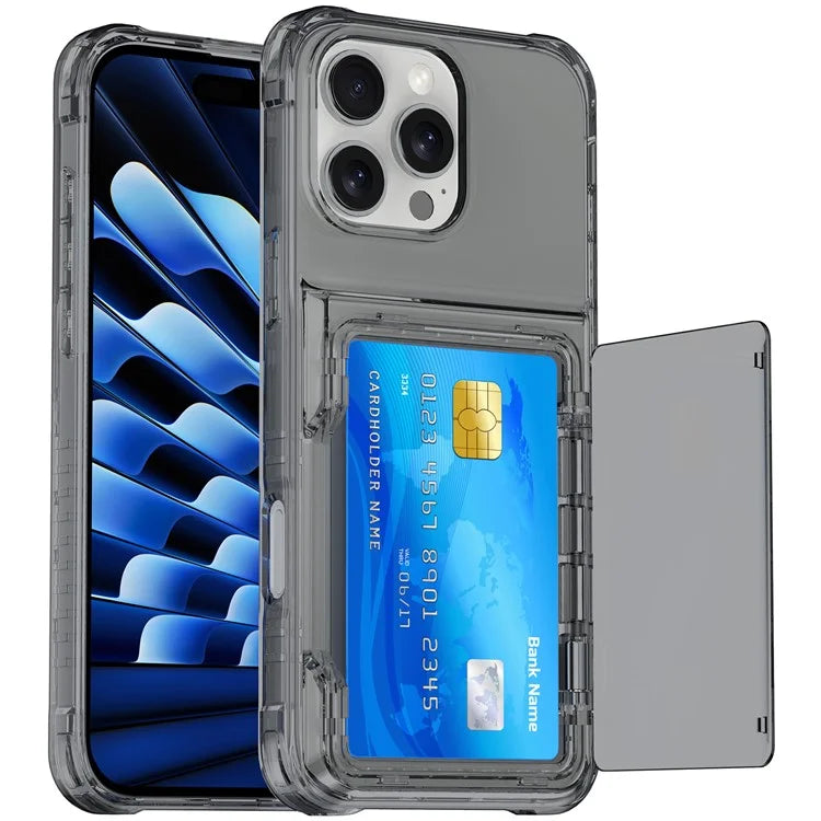 For iPhone 16 Pro Max Clear Case PC+TPU Phone Cover Card Holder Kickstand Black