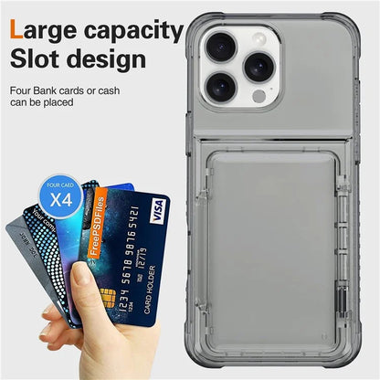 For iPhone 16 Pro Max Clear Case PC+TPU Phone Cover Card Holder Kickstand Black
