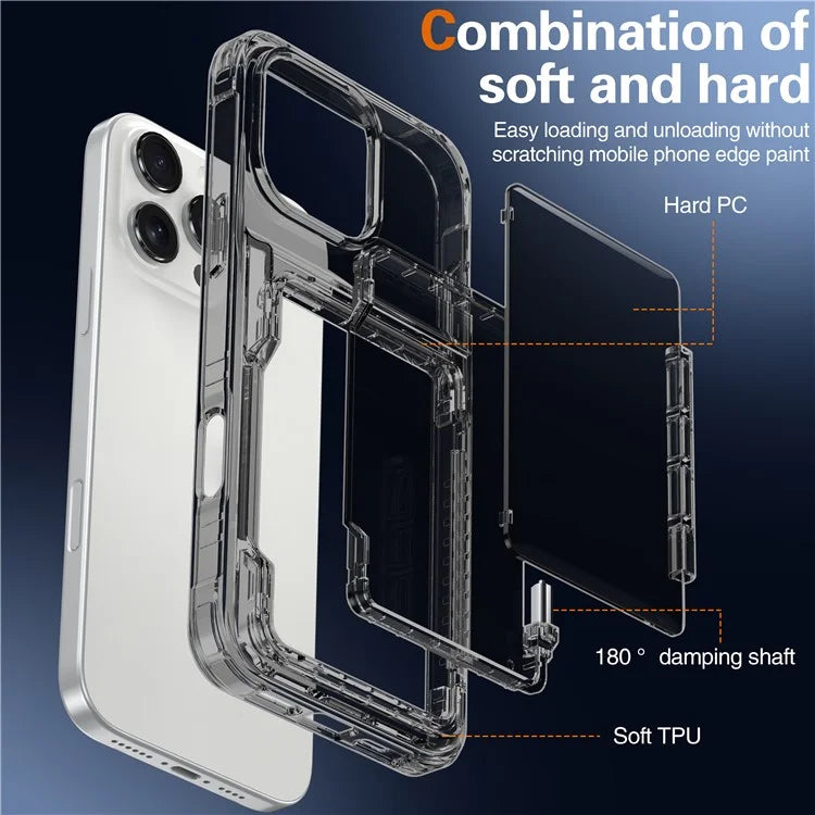 For iPhone 16 Pro Max Clear Case PC+TPU Phone Cover Card Holder Kickstand Black