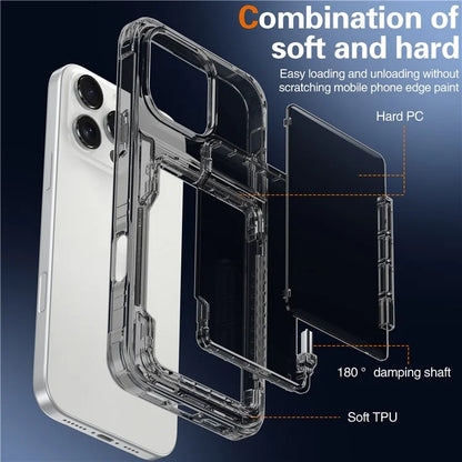 For iPhone 16 Pro Max Clear Case PC+TPU Phone Cover Card Holder Kickstand Black