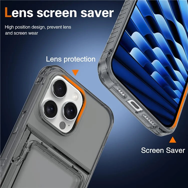 For iPhone 16 Pro Max Clear Case PC+TPU Phone Cover Card Holder Kickstand Black