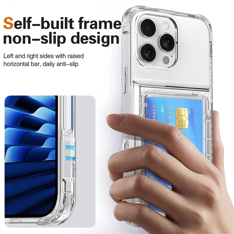 For iPhone 16 Pro Max Clear Case PC+TPU Phone Cover Card Holder Kickstand Black