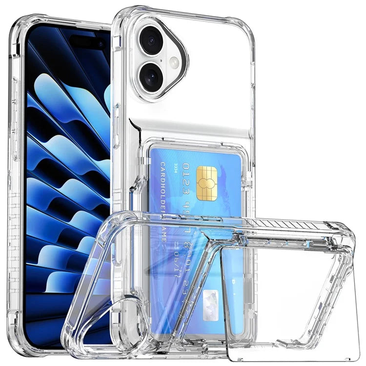 For iPhone 16 Plus Case PC+TPU Clear Phone Cover Card Holder Kickstand