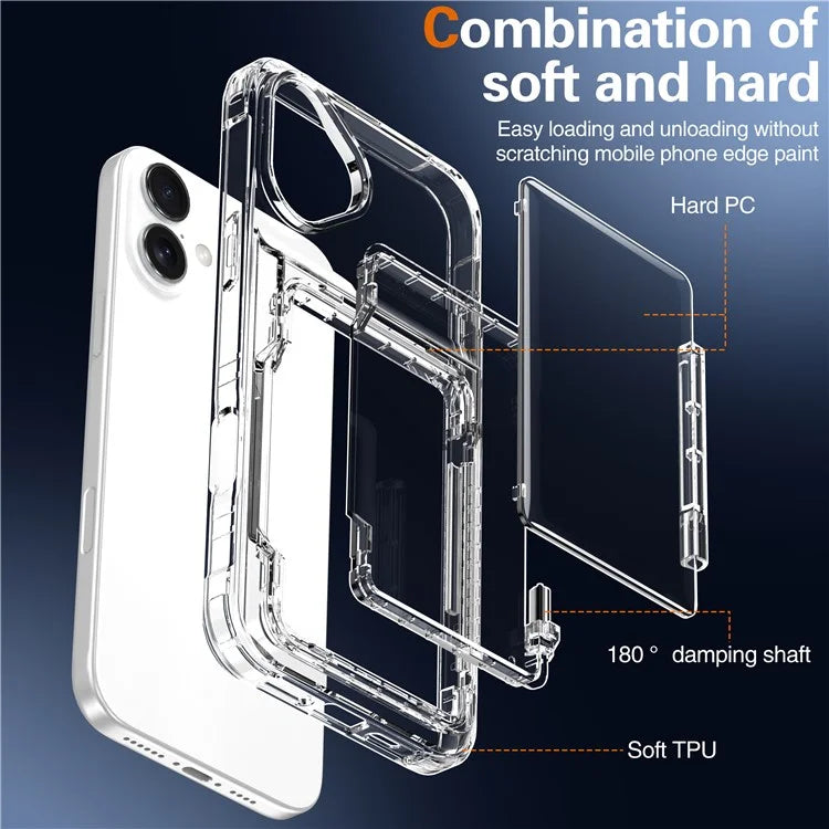 For iPhone 16 Plus Case PC+TPU Clear Phone Cover Card Holder Kickstand
