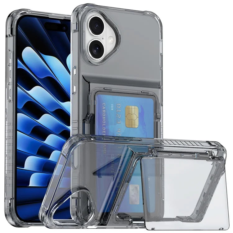 For iPhone 16 Plus Case PC+TPU Clear Phone Cover Card Holder Kickstand Black