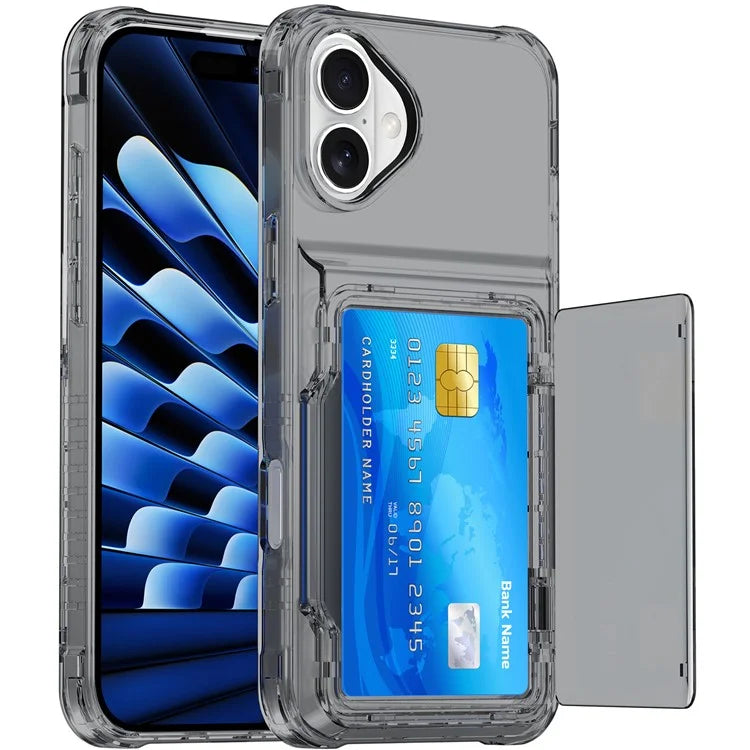 For iPhone 16 Plus Case PC+TPU Clear Phone Cover Card Holder Kickstand Black