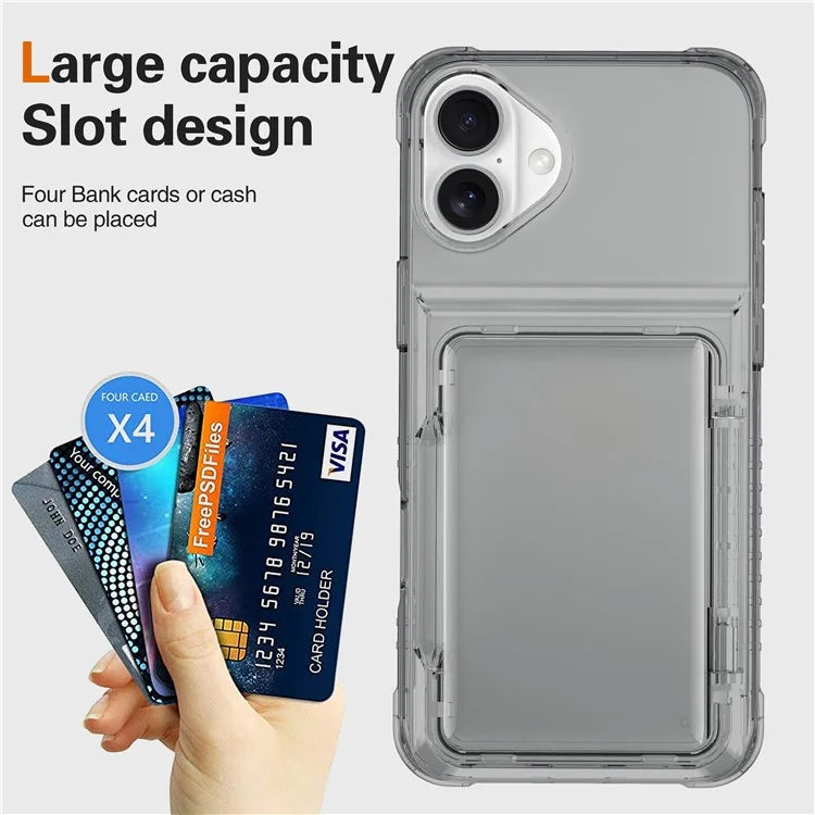 For iPhone 16 Plus Case PC+TPU Clear Phone Cover Card Holder Kickstand Black