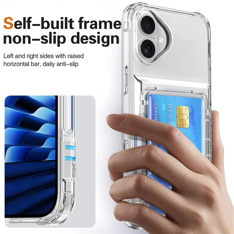 For iPhone 16 Plus Case PC+TPU Clear Phone Cover Card Holder Kickstand Black