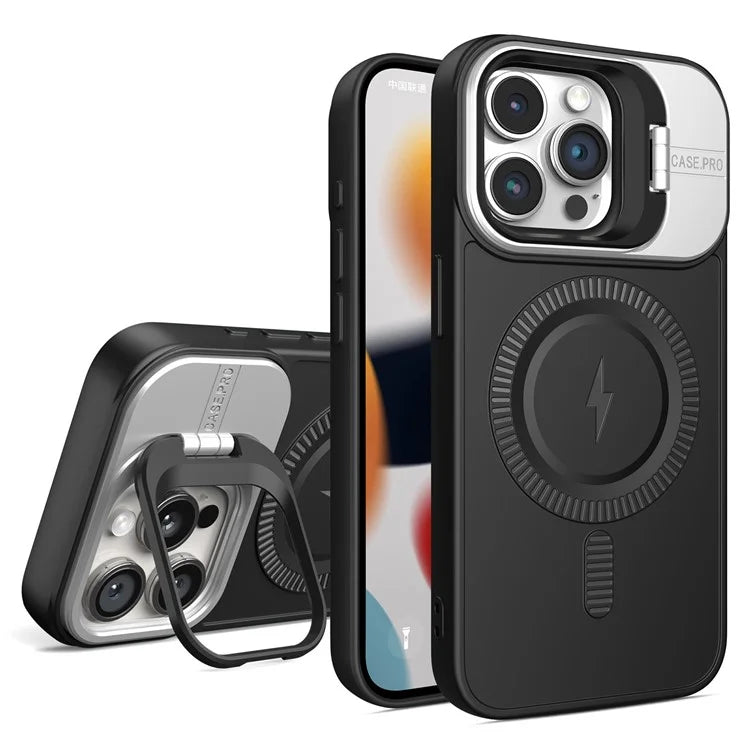 For iPhone 13 Pro Max Magnetic Case PC+TPU Phone Cover with Lens Frame Kickstand
