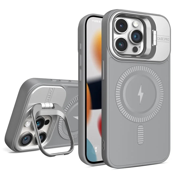 For iPhone 13 Pro Max Magnetic Case PC+TPU Phone Cover with Lens Frame Kickstand