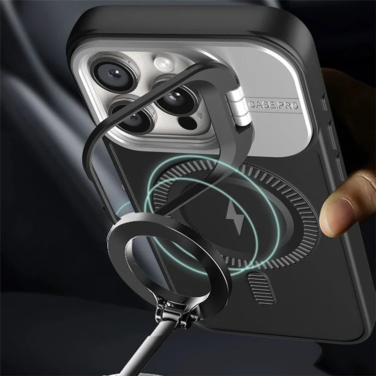 For iPhone 13 Pro Max Magnetic Case PC+TPU Phone Cover with Lens Frame Kickstand