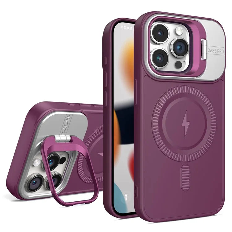 For iPhone 13 Pro Max Magnetic Case PC+TPU Phone Cover with Lens Frame Kickstand
