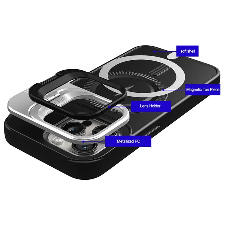 For iPhone 13 Pro Max Magnetic Case PC+TPU Phone Cover with Lens Frame Kickstand