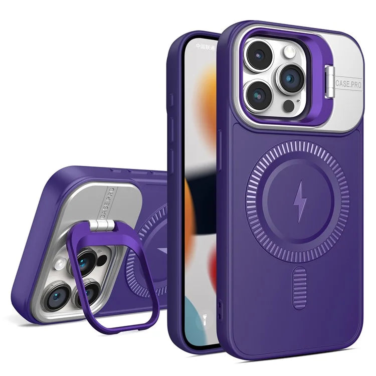 For iPhone 13 Pro Max Magnetic Case PC+TPU Phone Cover with Lens Frame Kickstand