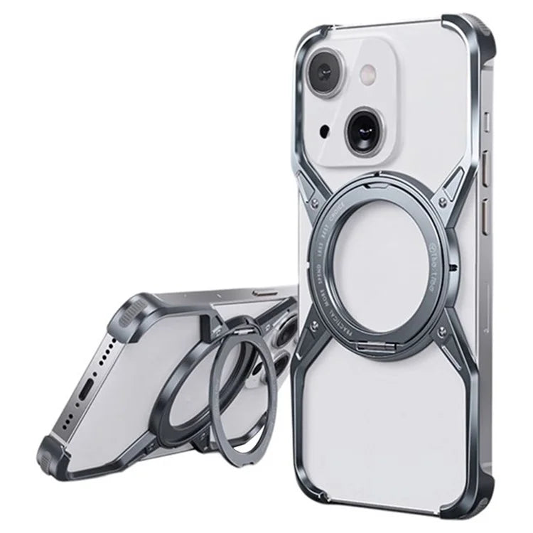 For iPhone 15 / 14 / 13 Bumper Case Frameless Aluminum Alloy Kickstand Phone Cover