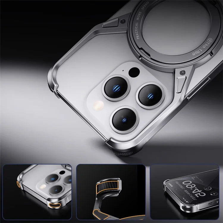 For iPhone 15 / 14 / 13 Bumper Case Frameless Aluminum Alloy Kickstand Phone Cover