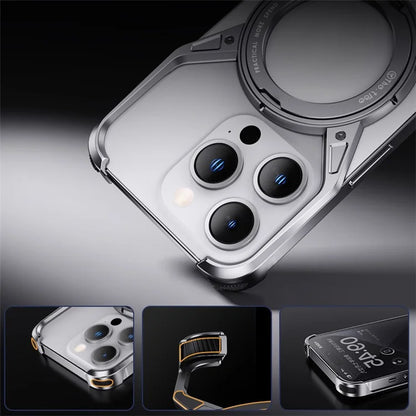 For iPhone 15 / 14 / 13 Bumper Case Frameless Aluminum Alloy Kickstand Phone Cover