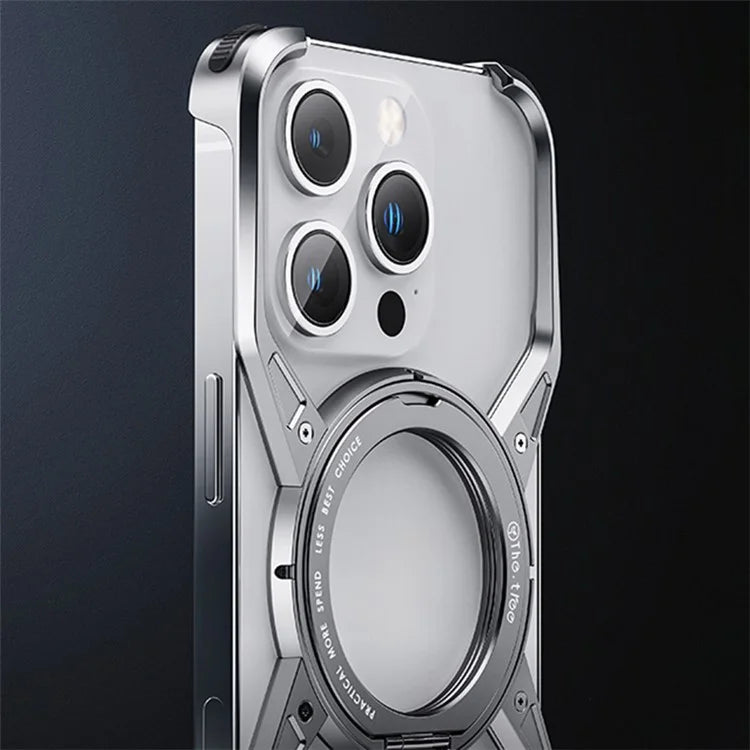 For iPhone 15 / 14 / 13 Bumper Case Frameless Aluminum Alloy Kickstand Phone Cover