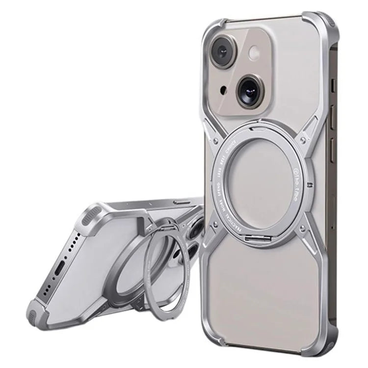 For iPhone 15 / 14 / 13 Bumper Case Frameless Aluminum Alloy Kickstand Phone Cover