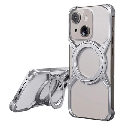 For iPhone 15 / 14 / 13 Bumper Case Frameless Aluminum Alloy Kickstand Phone Cover