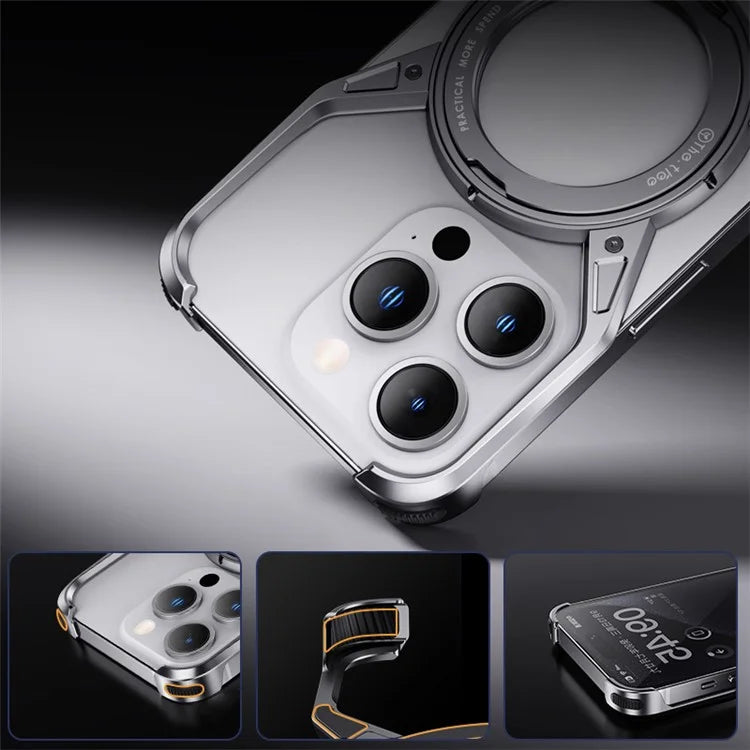 For iPhone 15 / 14 / 13 Bumper Case Frameless Aluminum Alloy Kickstand Phone Cover