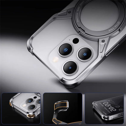 For iPhone 15 / 14 / 13 Bumper Case Frameless Aluminum Alloy Kickstand Phone Cover