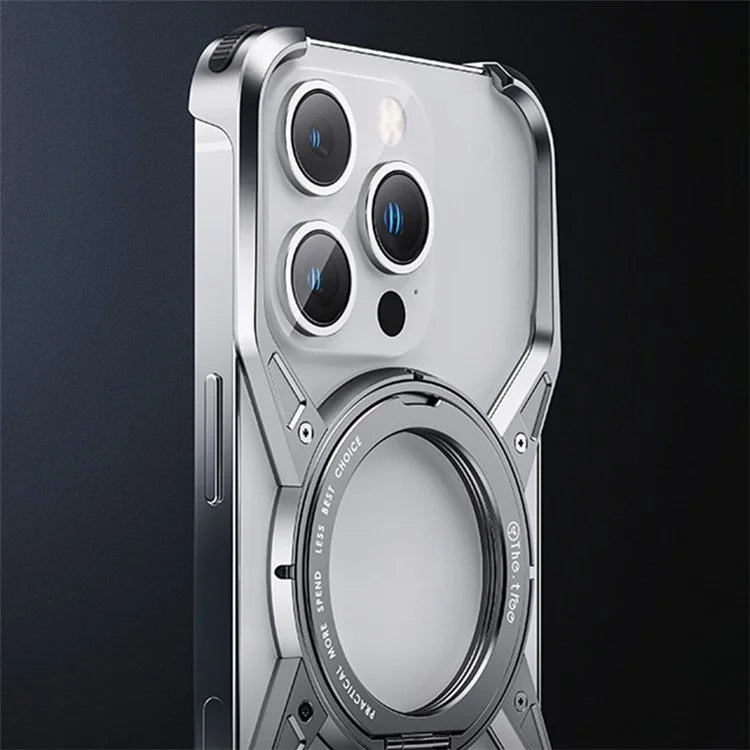 For iPhone 15 / 14 / 13 Bumper Case Frameless Aluminum Alloy Kickstand Phone Cover