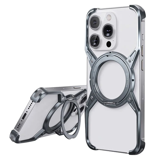 For iPhone 15 Pro Max / 14 Pro Max / 13 Pro Max Case Kickstand Frameless Aluminum Alloy Bumper Phone Cover