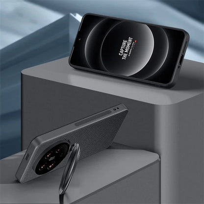 For Xiaomi 14 Ultra Case with Lens Frame Kickstand PU Leather+TPU+PC Magnetic Phone Cover