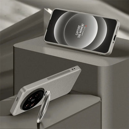 For Xiaomi 14 Ultra Case with Lens Frame Kickstand PU Leather+TPU+PC Magnetic Phone Cover