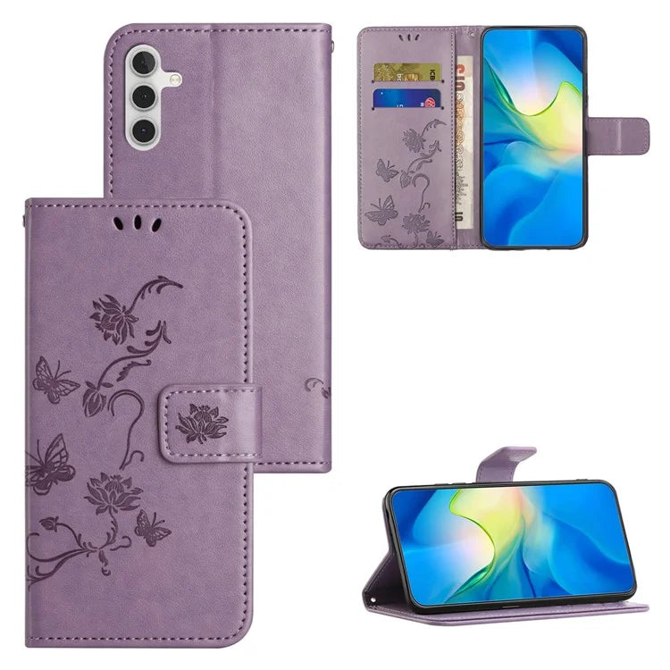 For Samsung Galaxy S24 FE Case Leather Phone Cover Butterfly Flower Pattern