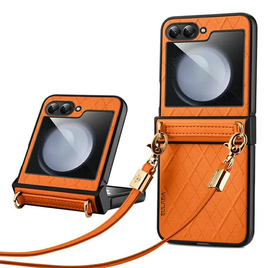 SULADA For Samsung Galaxy Z Flip6 5G Case Rhombus Leather+PC Phone Cover with Shoulder Strap