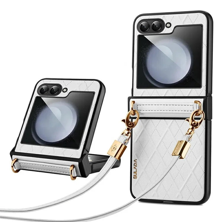 SULADA For Samsung Galaxy Z Flip6 5G Case Rhombus Leather+PC Phone Cover with Shoulder Strap