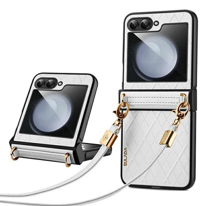 SULADA For Samsung Galaxy Z Flip6 5G Case Rhombus Leather+PC Phone Cover with Shoulder Strap