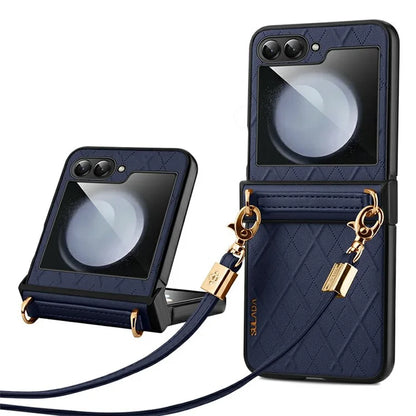 SULADA For Samsung Galaxy Z Flip6 5G Case Rhombus Leather+PC Phone Cover with Shoulder Strap