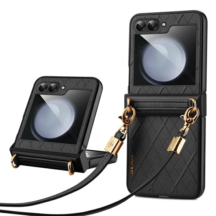 SULADA For Samsung Galaxy Z Flip6 5G Case Rhombus Leather+PC Phone Cover with Shoulder Strap