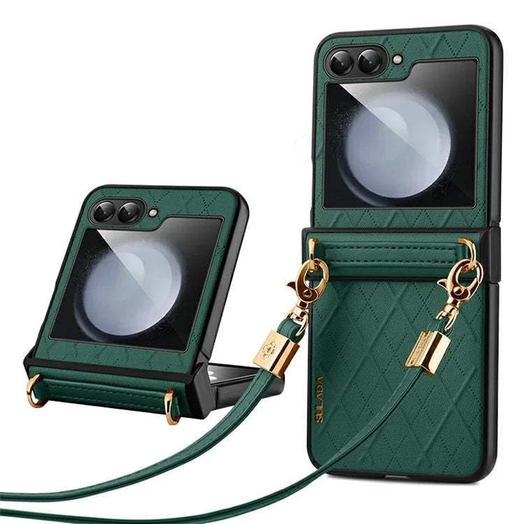 SULADA For Samsung Galaxy Z Flip6 5G Case Rhombus Leather+PC Phone Cover with Shoulder Strap