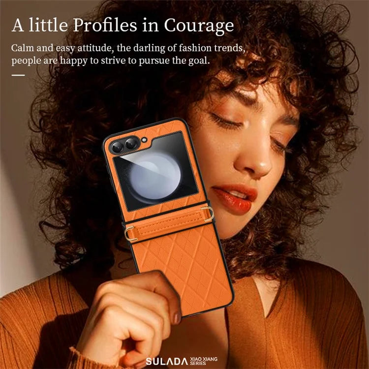SULADA For Samsung Galaxy Z Flip6 5G Case Rhombus Leather+PC Phone Cover with Shoulder Strap