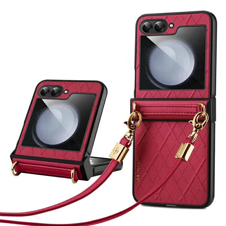 SULADA For Samsung Galaxy Z Flip6 5G Case Rhombus Leather+PC Phone Cover with Shoulder Strap