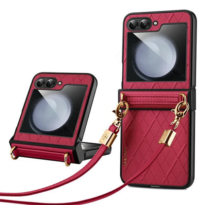 SULADA For Samsung Galaxy Z Flip6 5G Case Rhombus Leather+PC Phone Cover with Shoulder Strap