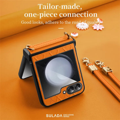 SULADA For Samsung Galaxy Z Flip6 5G Case Rhombus Leather+PC Phone Cover with Shoulder Strap