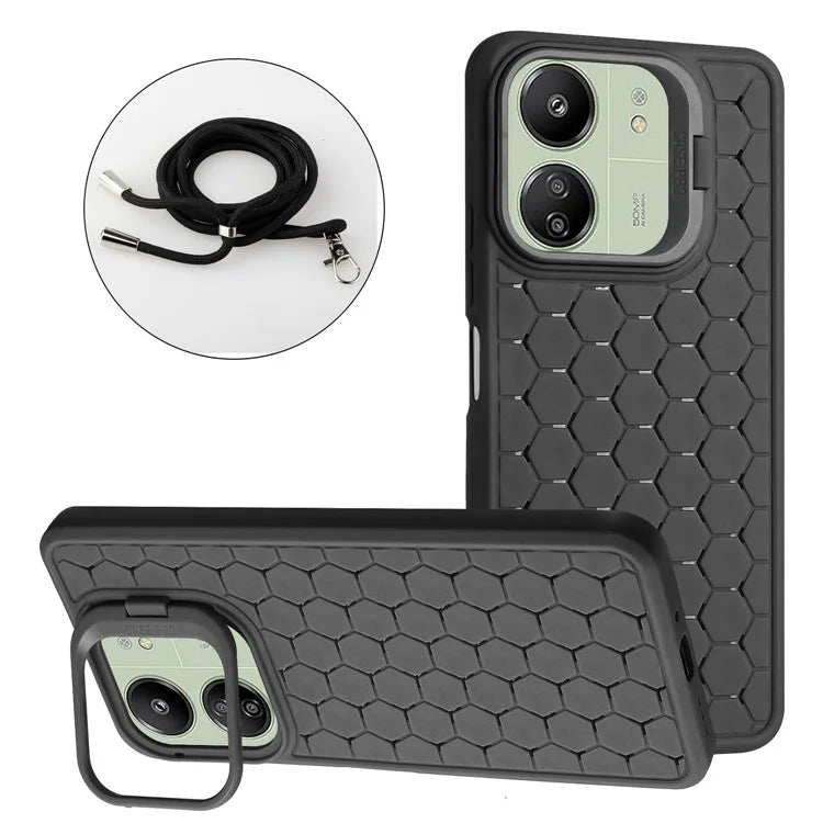 For Xiaomi Redmi 13C 4G / 5G / 13R 5G / Poco C65 4G / M6 5G Case with Lanyard TPU Phone Cover Heat Dissipation Built-In Kickstand