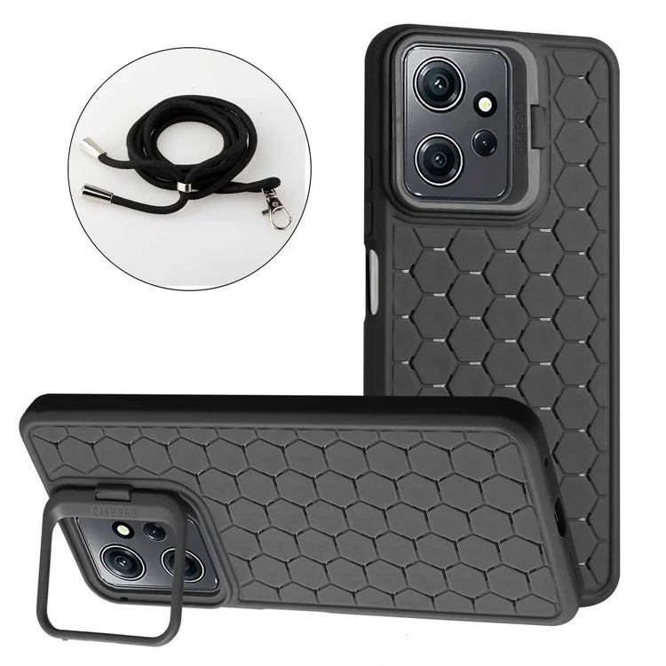 For Xiaomi Redmi Note 12 4G Case Heat Dissipation Lens Frame Kickstand TPU Phone Cover with Lanyard