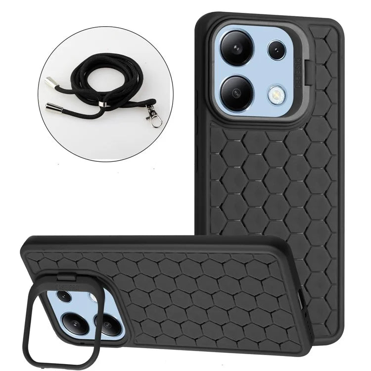 For Xiaomi Redmi Note 13 4G Heat Dissipation Cover TPU Phone Case with Lanyard Invisible Kickstand