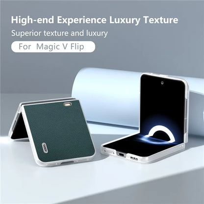 ABEEL For Honor Magic V Flip 5G Slim Case Matte Frame Genuine Cow Leather+PC Phone Cover