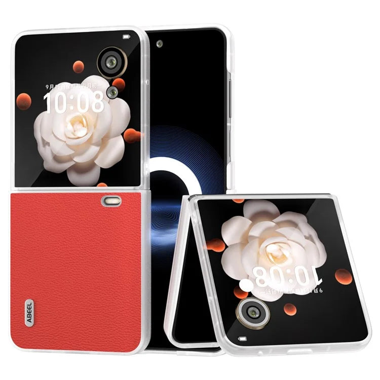 ABEEL For Honor Magic V Flip 5G Slim Case Matte Frame Genuine Cow Leather+PC Phone Cover
