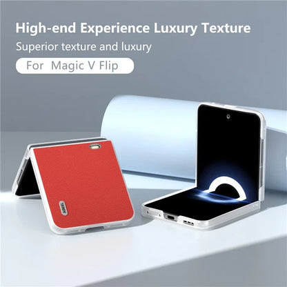 ABEEL For Honor Magic V Flip 5G Slim Case Matte Frame Genuine Cow Leather+PC Phone Cover